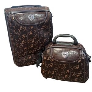 Vintage Y2K Heart Print Luggage Set Brown Carry On Rolling Suitcase Tote